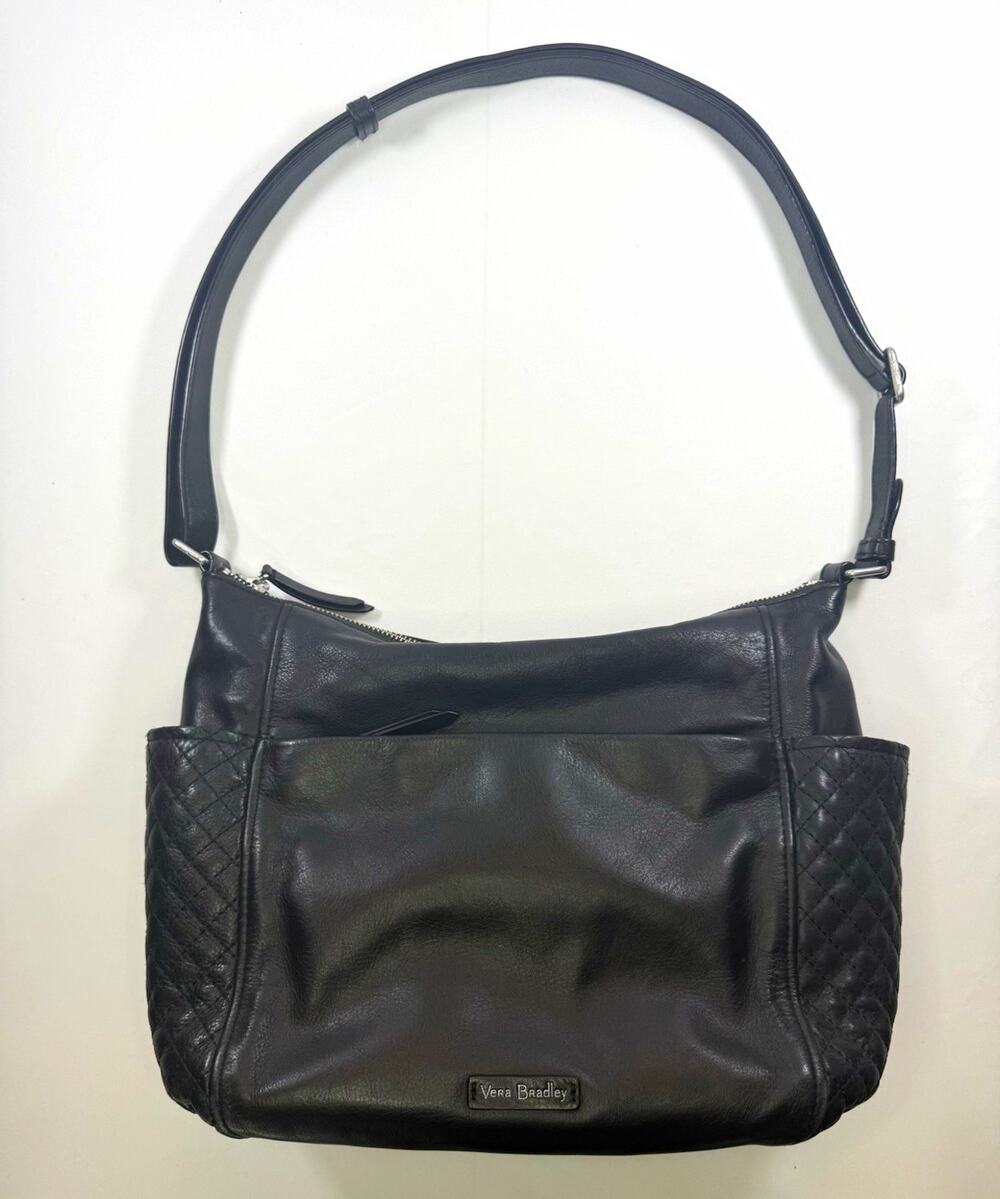 Vera Bradley Black Shoulder Bag Zip Top Quilted Stitching Lined Pockets
